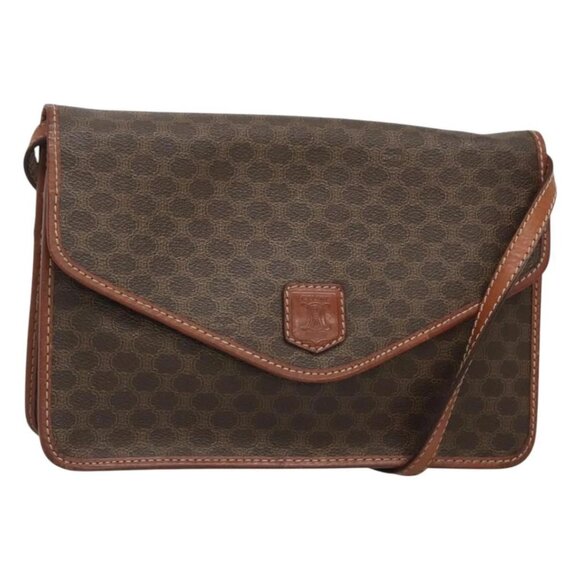 CELINE Macadam Canvas Shoulder Bag PVC Leather Brown Gold - Picture 1 of 15